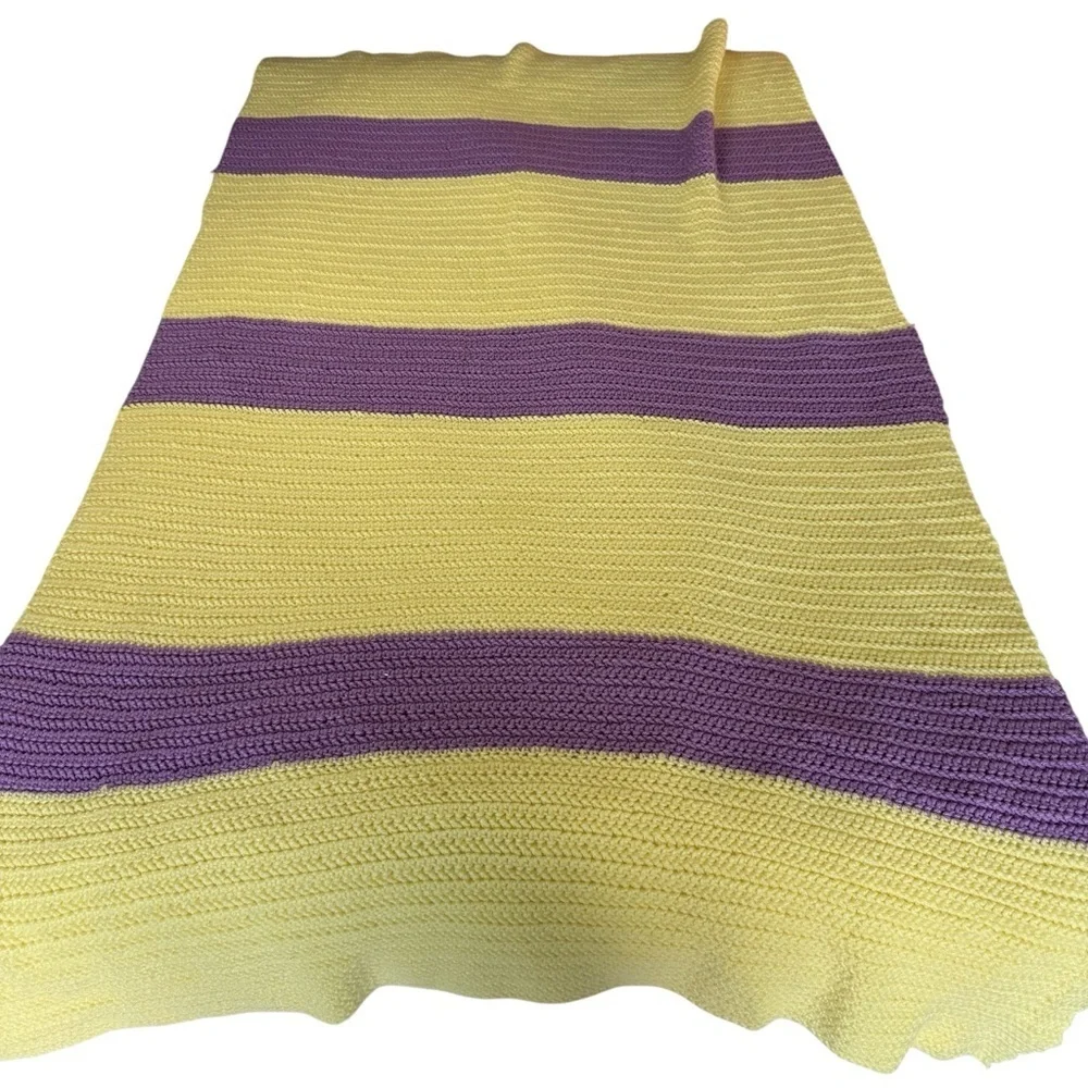 Handmade Afghan Blanket Yellow Purple Crochet Boho Throw Granny 68x40 Couch